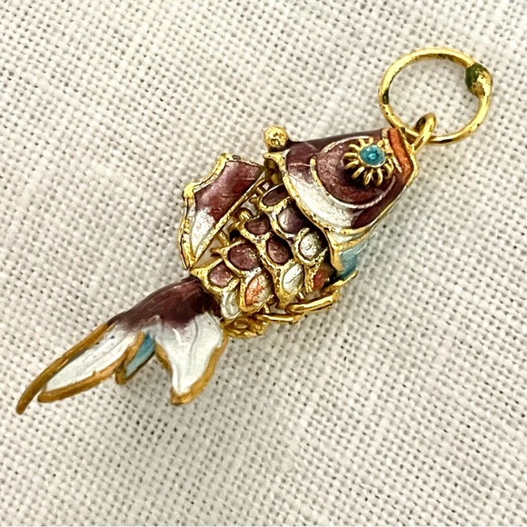Jewelry - Cloisonné Wiggly Fish Pendant/Charm gold brown turquoise